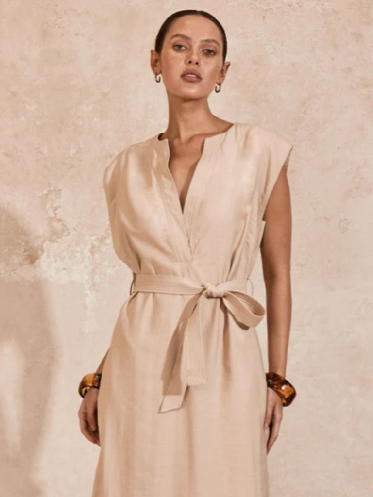 Mon Renn Beige Modern Midi Dress